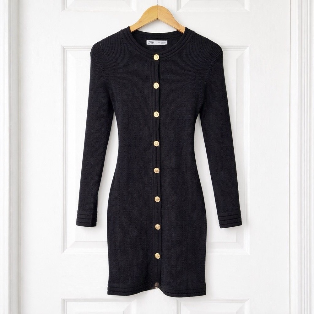 Zara Black Ribbed Knit Mini Dress Gold Button Front Size Medium - Picture 2 of 9
